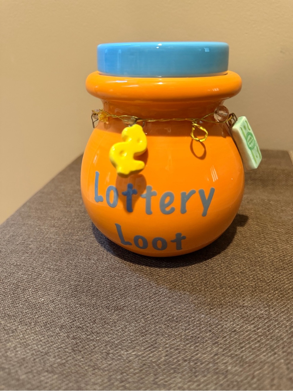 Orange and Blue 'Lottery Loot' Ceramic Money Jar